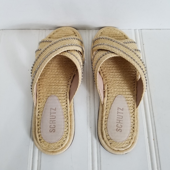 Schutz Rhinestone Raffia Sandals Womens Carlotta Crossover Flat Summer Shoes 6 - Picture 9 of 15